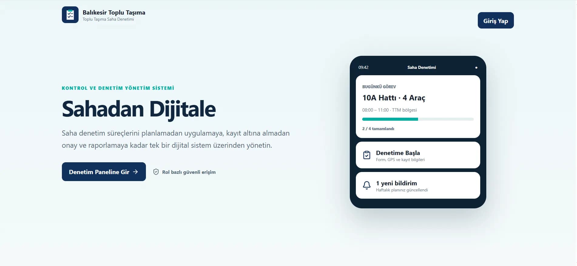 Denetim Sistemi genel erişimli tanıtım sayfası — 'Sahadan Dijitale' başlığı ve örnek Saha Denetimi telefon ekranı