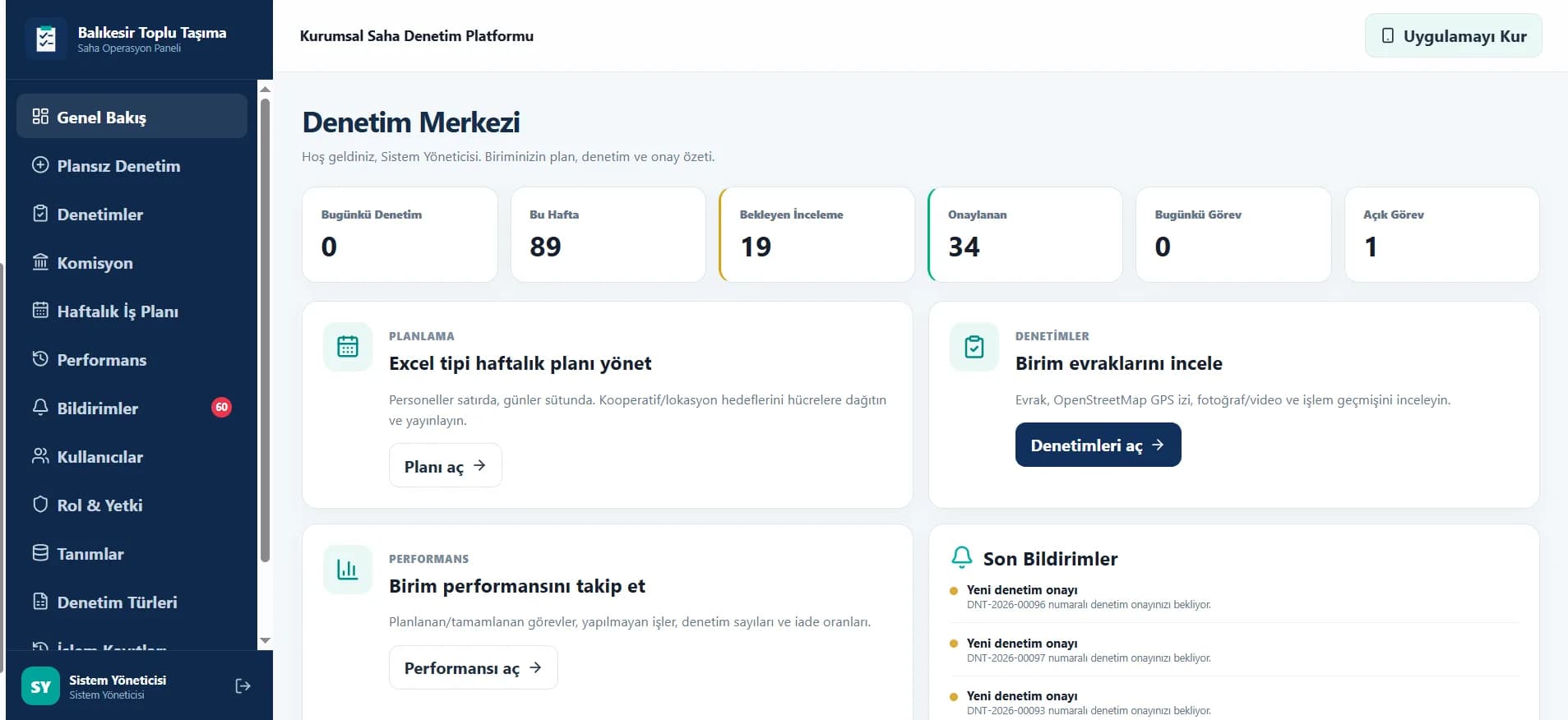 Denetim Merkezi yönetici paneli — bugünkü/haftalık denetim sayıları, bekleyen inceleme ve onaylanan kartları