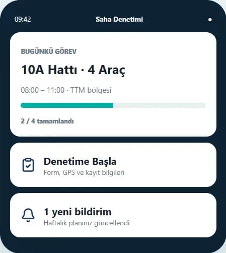 Denetim Sistemi'nin sahadaki denetçiye görünen telefon ekranı — haftalık görev kartı ve denetime başlama kısayolu (ürünün kendi tanıtım sayfasından gerçek bir kırpma)