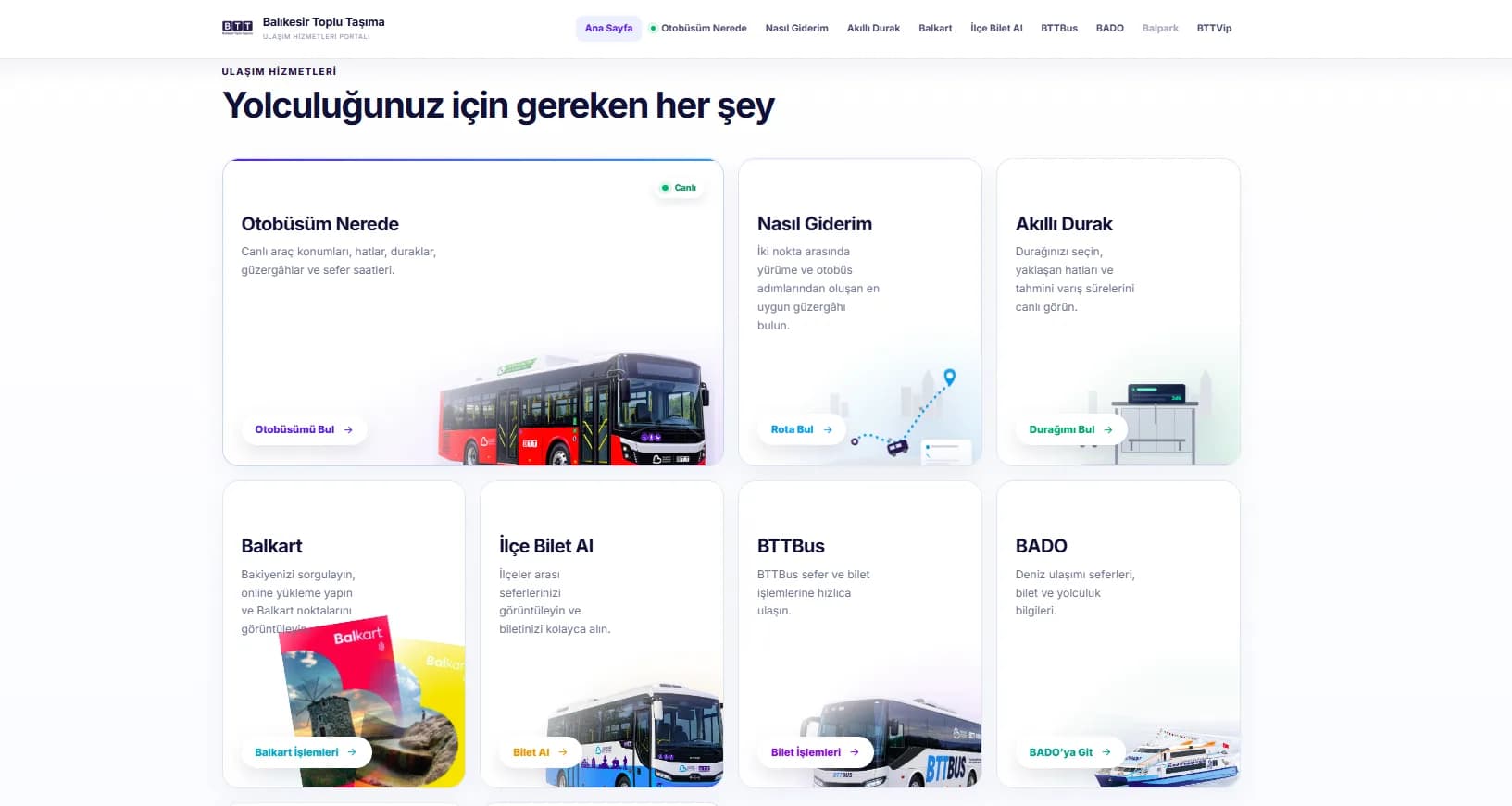 Portalın 'Ulaşım Hizmetleri' bölümü — Otobüsüm Nerede, Nasıl Giderim, Akıllı Durak, Balkart, İlçe Bilet Al, BTTBus ve BADO kısayol kartları