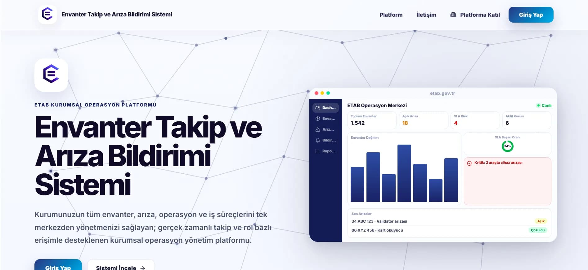 Envanter Takip ve Arıza Bildirim Sistemi (ETAB) genel erişimli tanıtım sayfası — ETAB Operasyon Merkezi temsili paneliyle